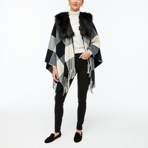 J CREW FACTORY BUFFALO PLAID FAUX FUR FRINGED WRAP CAPE SCARF BLK